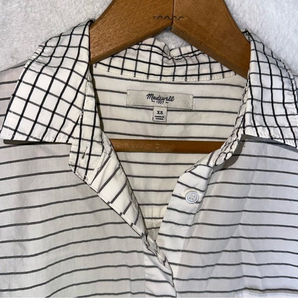 Madewell Grid Mix Stripe Short Sleeve Shirt Blouse Button Front Oversized Top XS - Picture 5 of 10